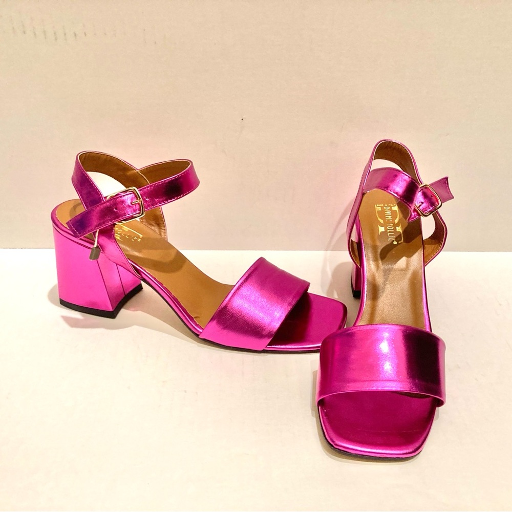 Divine Follie Pink Metallic Block Heel Leather Sandal US 9.5 NEW IN BOX!